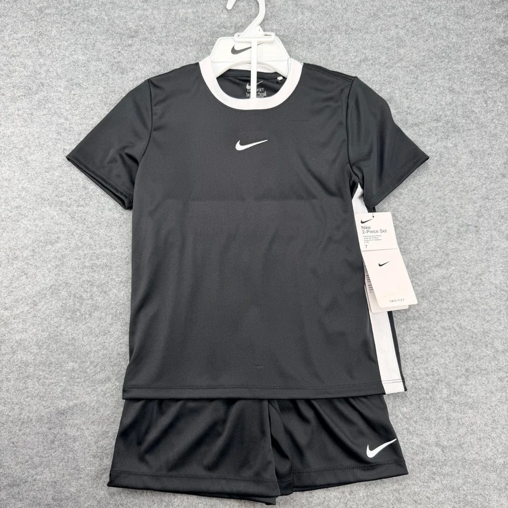 Nike Dri-FIT Boys Size 7 Black White T-Shirt Shorts 2 Piece Athletic Set NWT